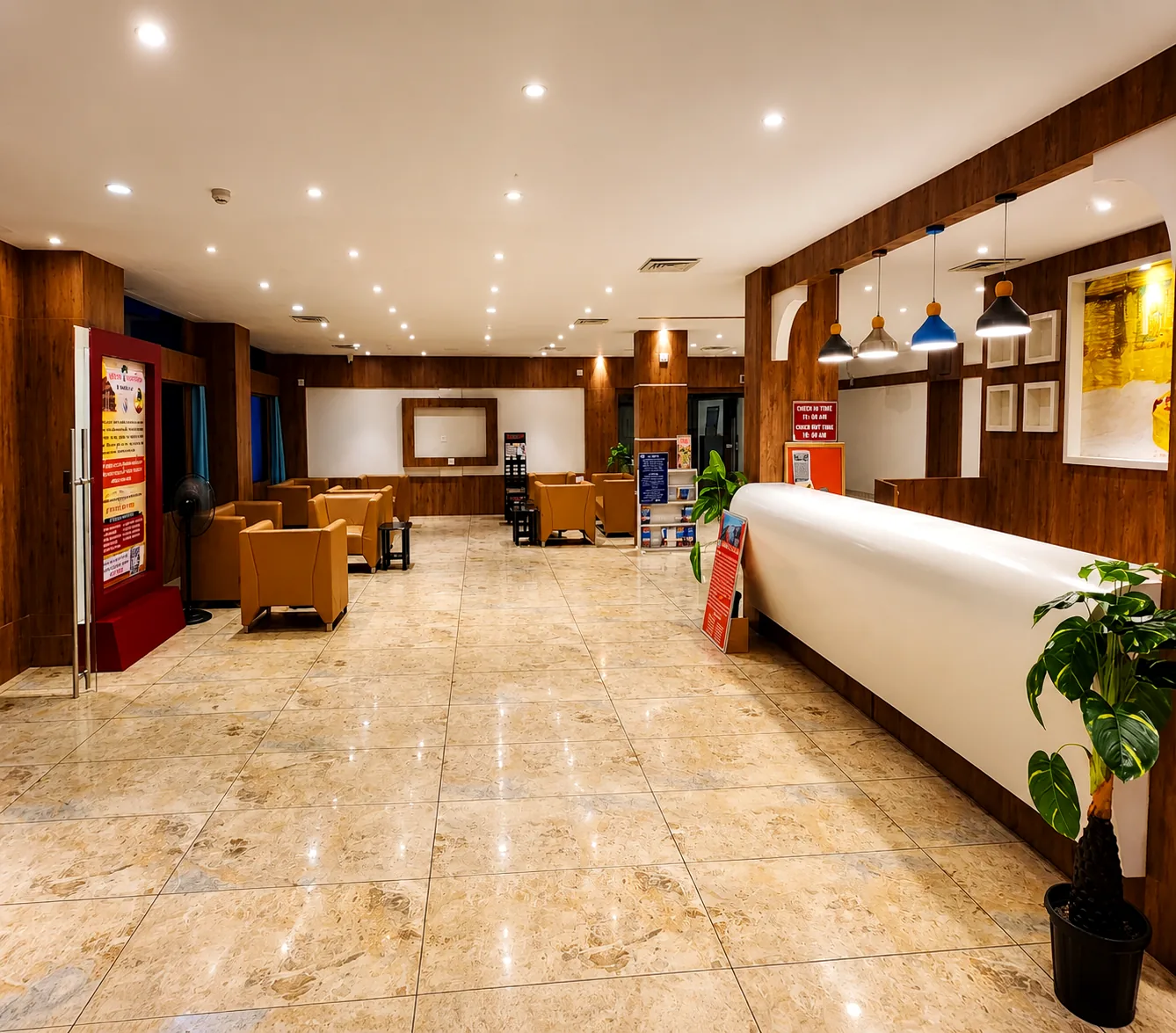 Reception counter and lobby seating